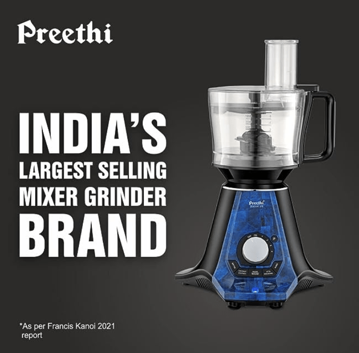 Preethi Zodiac 2.0 MG-255 Mixer Grinder, 1000 watt, Black/Blue, 4 Jars - Super Extractor juicer Jar & Master Chef Food Processor Jar, 2yr Guarantee & Lifelong Free Service