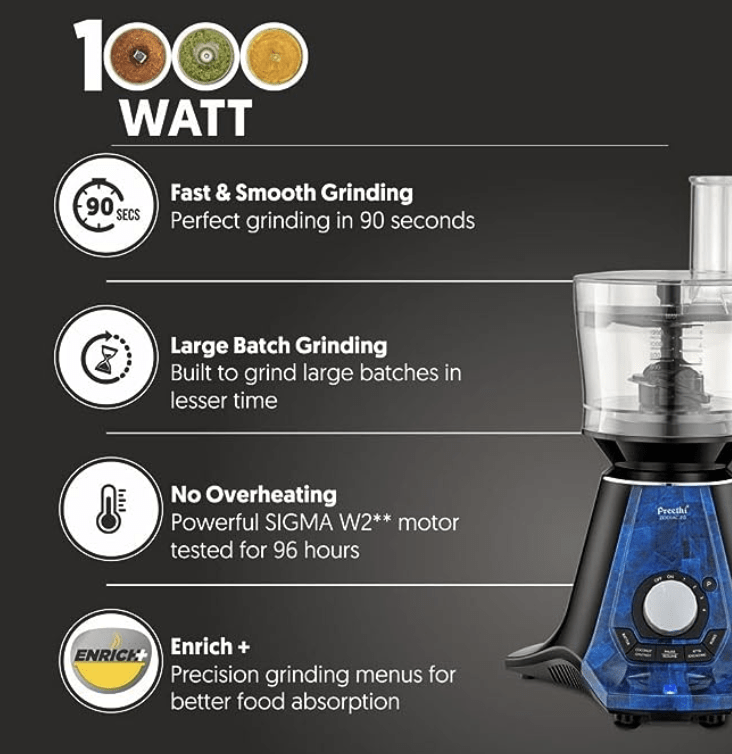 Preethi Zodiac 2.0 MG-255 Mixer Grinder, 1000 watt, Black/Blue, 4 Jars - Super Extractor juicer Jar & Master Chef Food Processor Jar, 2yr Guarantee & Lifelong Free Service-4