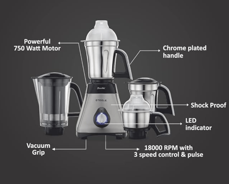 Preethi Steel Supreme MG-208 mixer grinder, 750 watt (Silver/ Black), 4 jars - Super Extractor juicer Jar, Vega W5 motor with 5yr Warranty & Lifelong Free Service