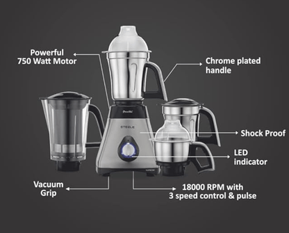 Preethi Steel Supreme MG-208 mixer grinder, 750 watt (Silver/ Black), 4 jars - Super Extractor juicer Jar, Vega W5 motor with 5yr Warranty & Lifelong Free Service