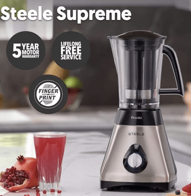 Preethi Steel Supreme MG-208 mixer grinder, 750 watt (Silver/ Black), 4 jars - Super Extractor juicer Jar, Vega W5 motor with 5yr Warranty & Lifelong Free Service