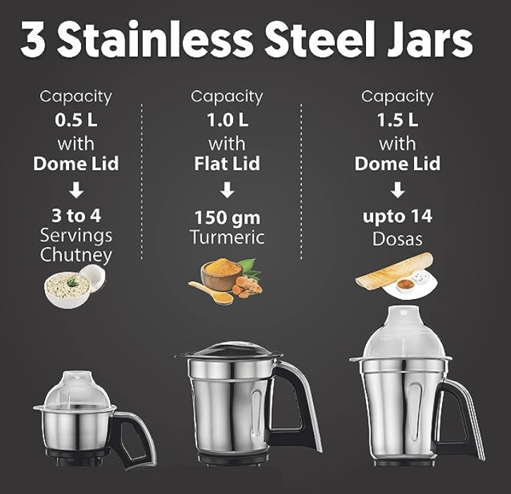 Preethi Steel Supreme MG-208 mixer grinder, 750 watt (Silver/ Black), 4 jars - Super Extractor juicer Jar, Vega W5 motor with 5yr Warranty & Lifelong Free Service