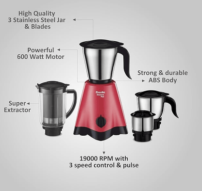 Preethi Crown Plus MG-258 Mixer Grinder, 600 Watt, White/Purple, 4 Jars - Super Extractor Juicer Jar with 5yr Motor Warranty & Lifelong Free Service (Acrylonitrile Butadiene Styrene)