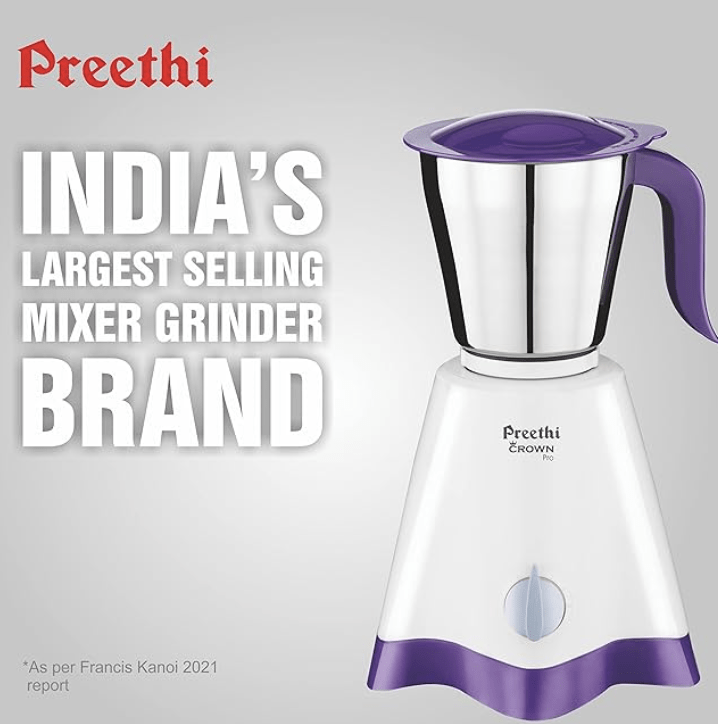 Preethi Crown Pro MG-254 Mixer grinder, 600 watt, White/Purple, 3 Jars with 5yr Motor Warranty & Lifelong Free Service