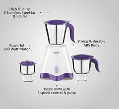 Preethi Crown Pro MG-254 Mixer grinder, 600 watt, White/Purple, 3 Jars with 5yr Motor Warranty & Lifelong Free Service-3
