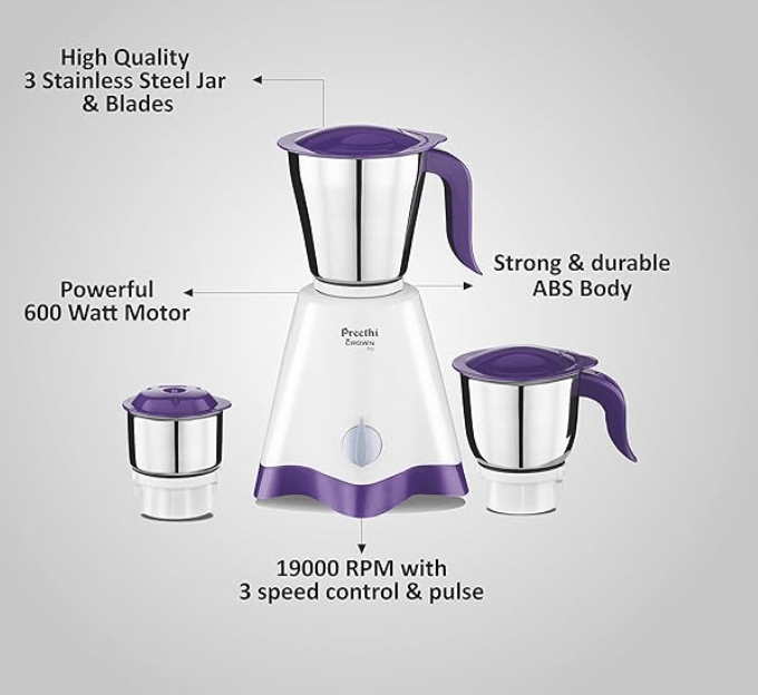Preethi Crown Pro MG-254 Mixer grinder, 600 watt, White/Purple, 3 Jars with 5yr Motor Warranty & Lifelong Free Service-3