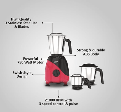 Preethi Peppy MG-245 mixer grinder, 750 watt, Black & Red, 3 jars, Vega W5 Motor with 5yr Warranty & Lifelong Free Service