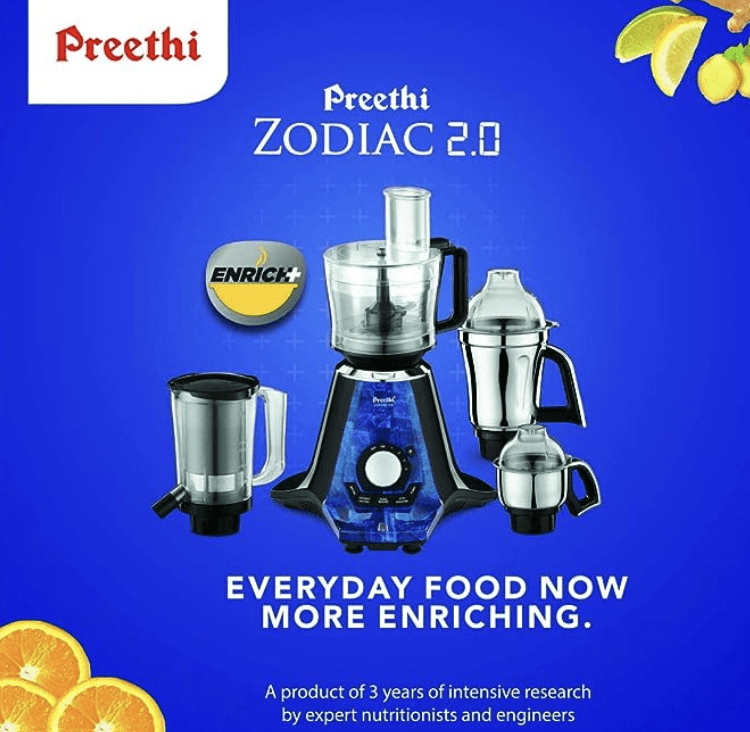 Preethi Zodiac 2.0 MG235 mixer grinder, 750 watt with 4 jars includes 3 In 1 insta fresh juicer Jar & Master chef food processor Jar (Black)