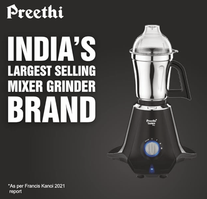 Preethi Taurus Pro MG-256 Mixer Grinder, Black, 3 Jars,Powerful 1000 Watt motor for perfect grinding in 90 sec, Shock proof ABS Plastic Body, 5 Yr Motor Warranty & Lifelong Free Service