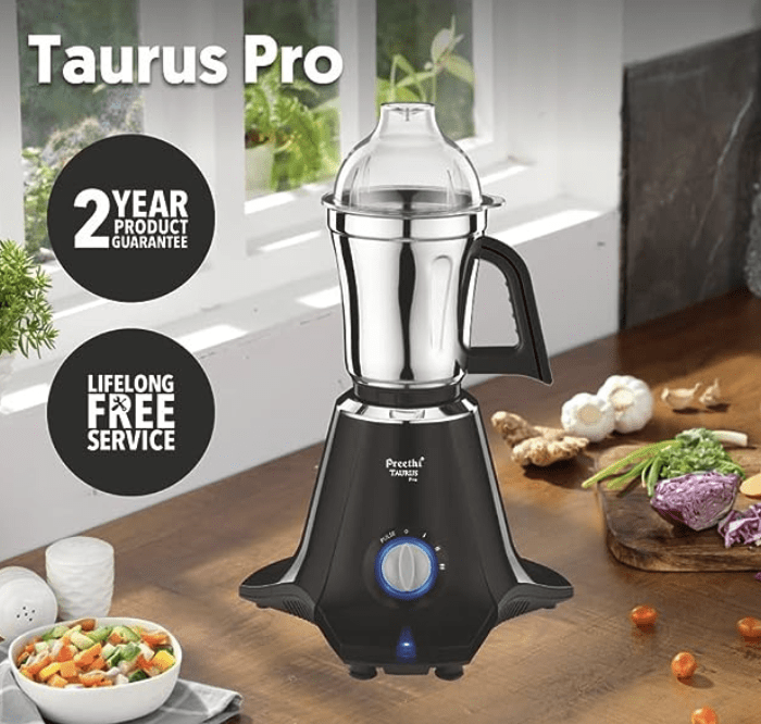 ப்ரீத்தி டாரஸ் ப்ரோ எம்ஜி-256 மிக்சர் கிரைண்டர், கருப்பு, 3 ஜாடிகள், 90 வினாடிகளில் சரியாக அரைக்க சக்திவாய்ந்த 1000 வாட் மோட்டார், ஷாக் ப்ரூஃப் ஏபிஎஸ் பிளாஸ்டிக் பாடி, 5 வருட மோட்டார் உத்தரவாதம் &amp; வாழ்நாள் முழுவதும் இலவச சேவை 