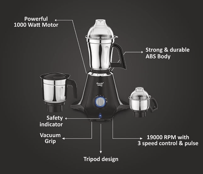 ப்ரீத்தி டாரஸ் ப்ரோ எம்ஜி-256 மிக்சர் கிரைண்டர், கருப்பு, 3 ஜாடிகள், 90 வினாடிகளில் சரியாக அரைக்க சக்திவாய்ந்த 1000 வாட் மோட்டார், ஷாக் ப்ரூஃப் ஏபிஎஸ் பிளாஸ்டிக் பாடி, 5 வருட மோட்டார் உத்தரவாதம் &amp; வாழ்நாள் முழுவதும் இலவச சேவை 