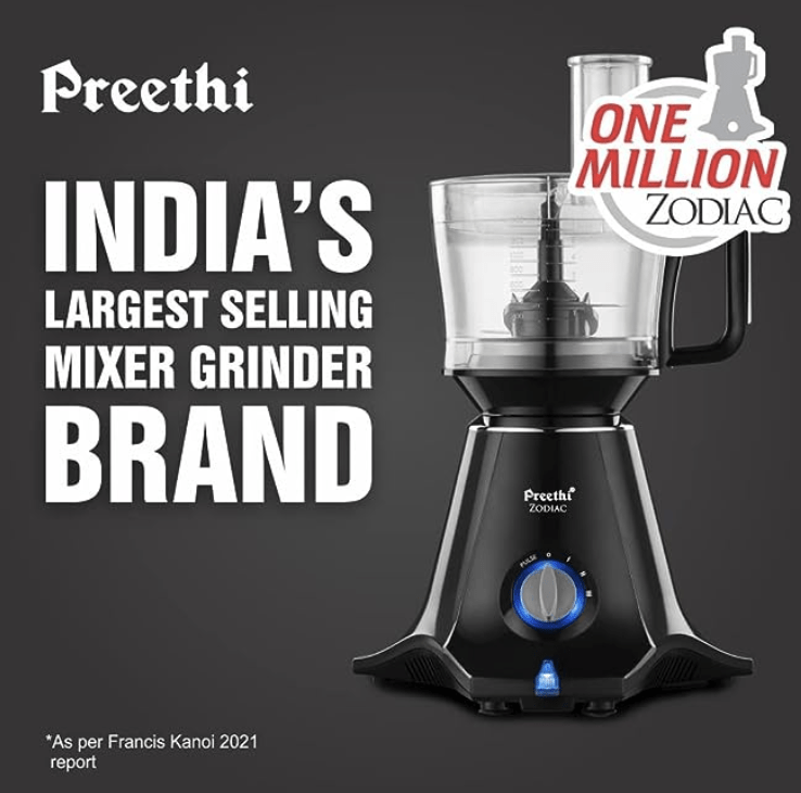Preethi Zodiac MG-218 mixer grinder, 750 watt, Black/Light Grey, 5 jars - 3 In 1 insta fresh juicer Jar & Master chef food processor Jar, Vega W5 motor with 5yr Warranty & Lifelong Free Service