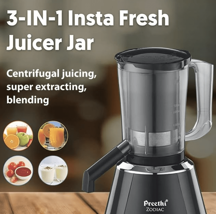 Preethi Zodiac MG-218 mixer grinder, 750 watt, Black/Light Grey, 5 jars - 3 In 1 insta fresh juicer Jar & Master chef food processor Jar, Vega W5 motor with 5yr Warranty & Lifelong Free Service