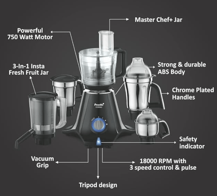 Preethi Zodiac MG-218 mixer grinder, 750 watt, Black/Light Grey, 5 jars - 3 In 1 insta fresh juicer Jar & Master chef food processor Jar, Vega W5 motor with 5yr Warranty & Lifelong Free Service