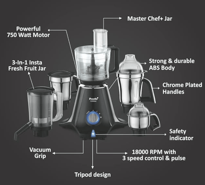 Preethi Zodiac MG-218 mixer grinder, 750 watt, Black/Light Grey, 5 jars - 3 In 1 insta fresh juicer Jar & Master chef food processor Jar, Vega W5 motor with 5yr Warranty & Lifelong Free Service