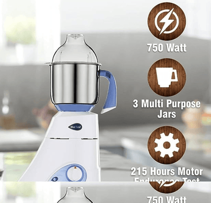 Preethi Blue Leaf Diamond MG-214 mixer grinder 750 watt (Blue/White), 3 jars & Flexi Lid, FBT motor with 2yr Guarantee & Lifelong Free Service