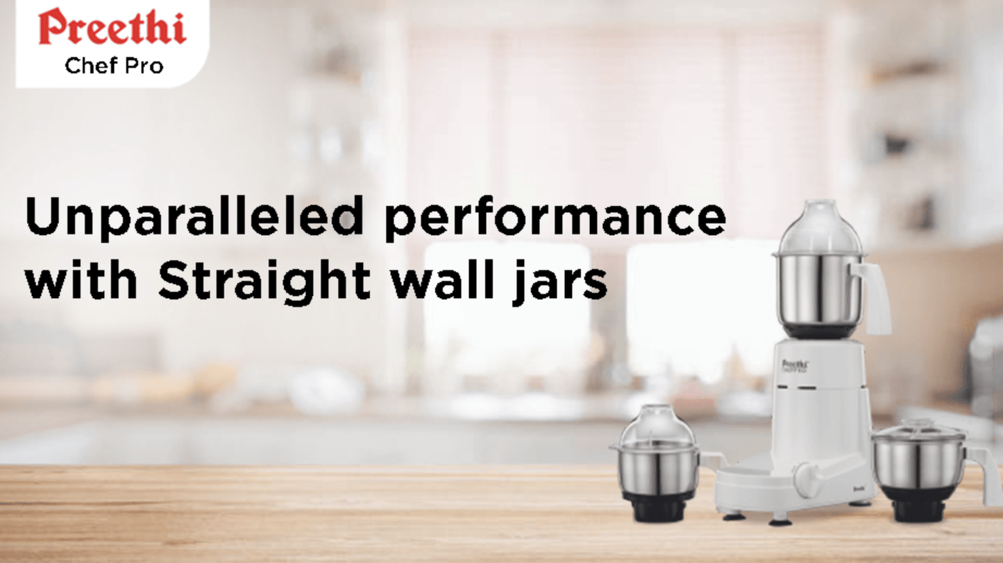 Preethi Chef Pro, MG-128, 750 Watt, 3 Jars, 5 year motor warranty, 2 years product guarantee, Life Long free service (White)