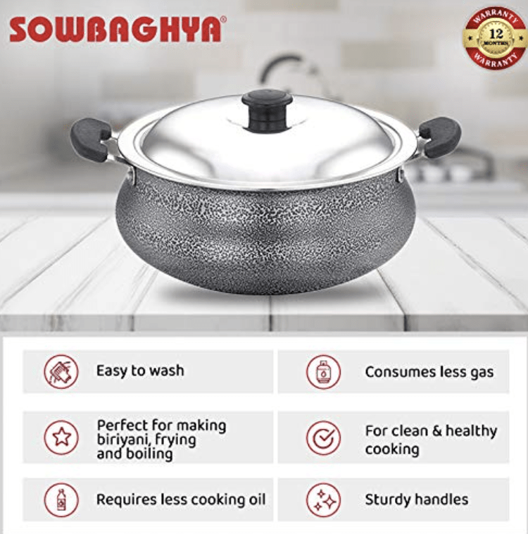 SOWBAGHYA Aluminium Biriyani Pot With Lid, 2 L (Black) Handi | Patila | Bhagona | Tapeli with LID | Multipurpose Aluminium Cooking Utensils for Kitchen | Dishwasher Safe