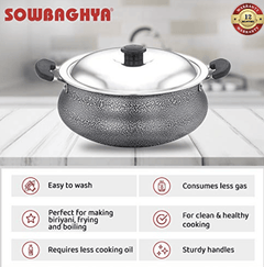 SOWBAGHYA Aluminium Biriyani Pot With Lid, 2 L (Black) Handi | Patila | Bhagona | Tapeli with LID | Multipurpose Aluminium Cooking Utensils for Kitchen | Dishwasher Safe-5