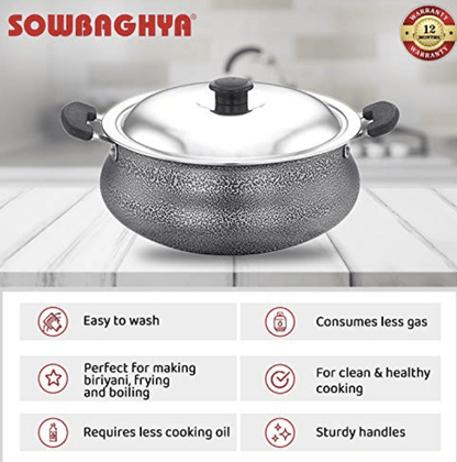 SOWBAGHYA Aluminium Biriyani Pot With Lid, 2 L (Black) Handi | Patila | Bhagona | Tapeli with LID | Multipurpose Aluminium Cooking Utensils for Kitchen | Dishwasher Safe