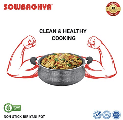 SOWBAGHYA Aluminium Biriyani Pot With Lid, 2 L (Black) Handi | Patila | Bhagona | Tapeli with LID | Multipurpose Aluminium Cooking Utensils for Kitchen | Dishwasher Safe