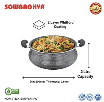 SOWBAGHYA Aluminium Biriyani Pot With Lid, 2 L (Black) Handi | Patila | Bhagona | Tapeli with LID | Multipurpose Aluminium Cooking Utensils for Kitchen | Dishwasher Safe
