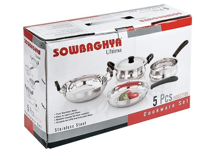 SOWBAGHYA Induction Base Stainless Steel Cookware Set (5 Pieces)|Saucepan,Fry Pan,Dutch Oven Pot With Lid,Kadai|Silver,Kadai / Saucepan / Cookware Set With Lid / Fry Pan|Gas Stove&Induction Friendly