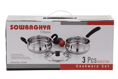SOWBAGHYA Ultima Stainless Steel Cooking Pot with Lid and A Milk Pan, 3 Piece (Silver) | Flat Base Sauce Pan, Tea Pan, Milk Pan | Induction Base Cook & Serve Handi with Stainless Steel Lid-2