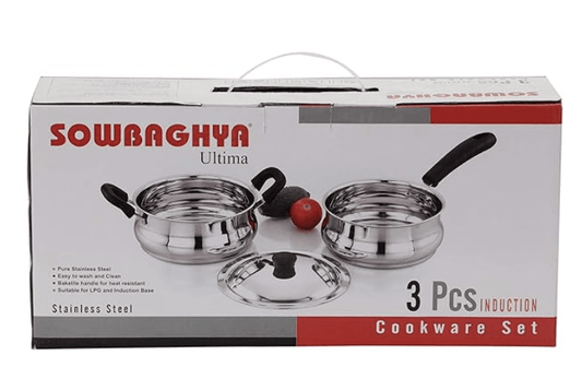 SOWBAGHYA Ultima Stainless Steel Cooking Pot with Lid and A Milk Pan, 3 Piece (Silver) | Flat Base Sauce Pan, Tea Pan, Milk Pan | Induction Base Cook & Serve Handi with Stainless Steel Lid