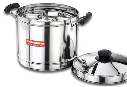 Sowbaghya Induction Base Stainless Steel Idli Maker (6 Plates) Silver Idly Cooker Pot | Induction and Gas Stove Compatible Idli Maker | Idly Maker with 6 Plates 24 idlis | Silver