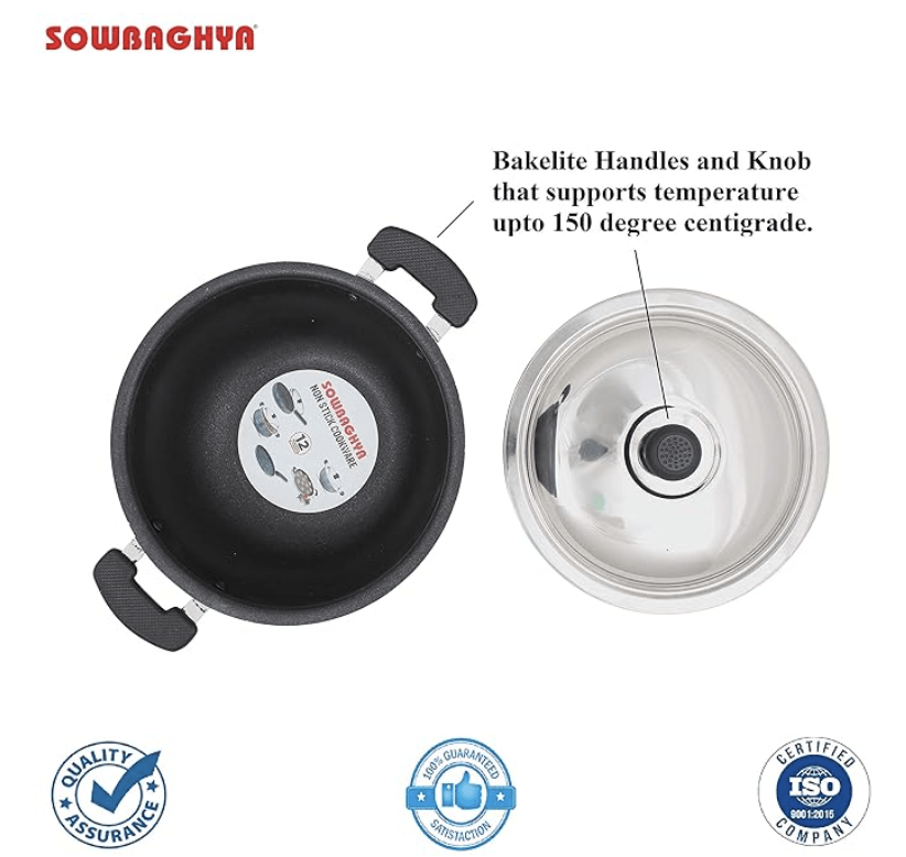 SOWBAGHYA Aluminium Non Stick Deep Kadai with Stainless Steel Lid (2 LTR, Grey)