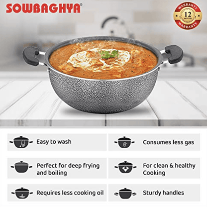 SOWBAGHYA Aluminium Non Stick Deep Kadai with Stainless Steel Lid (2 LTR, Grey)