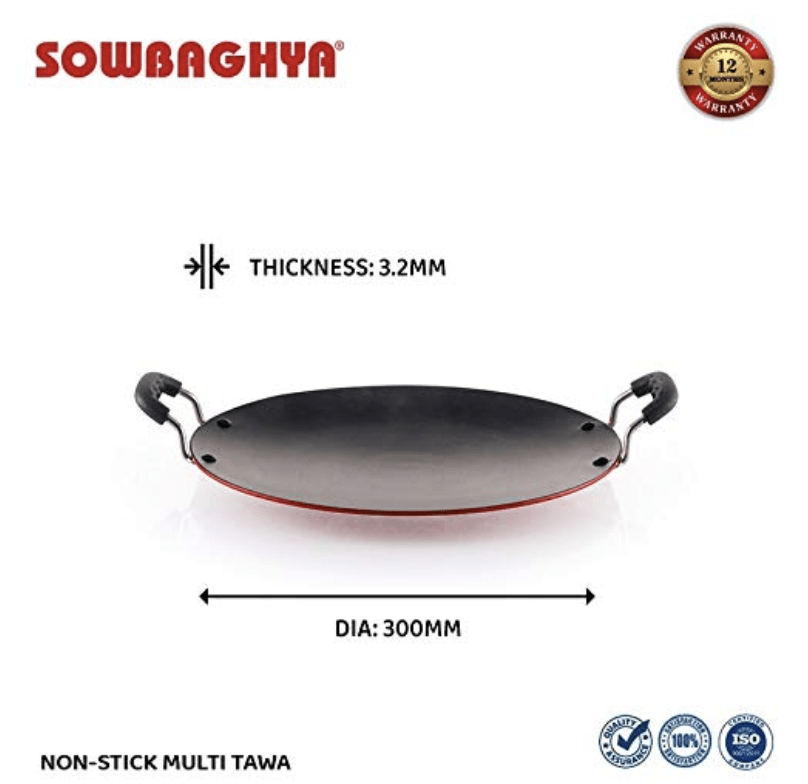 SOWBAGHYA Non Stick Concave Multi Tawa - 3.2mm Thickness (30cm Dia, Black) | Non-Stick Induction Friendly Concave Tawa | for Dosa, Roti, Chapati Tawa | Residue Free