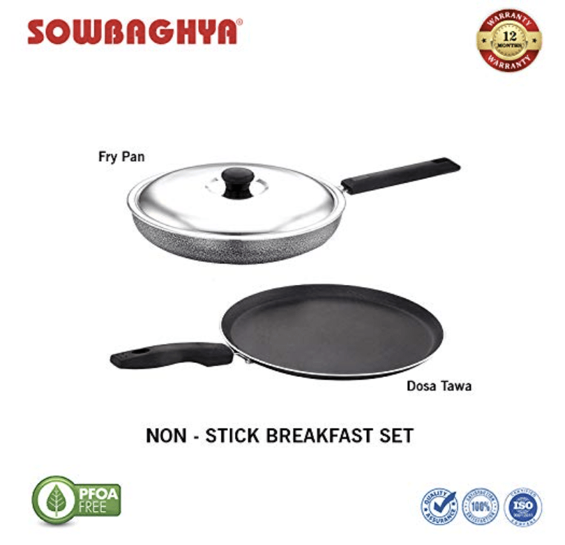 SOWBAGHYA Non Stick Breakfast Set (Dosa Tawa and Fry Pan with SS Lid) 2.6mm Thickness, Black | Non-Stick Cookware Set - Fry Pan & Tawa | Gas Compatible Cookware Combo Set Offer, 2 Piece