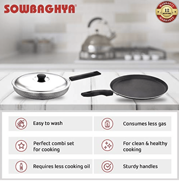 SOWBAGHYA Non Stick Breakfast Set (Dosa Tawa and Fry Pan with SS Lid) 2.6mm Thickness, Black | Non-Stick Cookware Set - Fry Pan & Tawa | Gas Compatible Cookware Combo Set Offer, 2 Piece