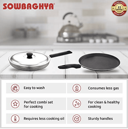 SOWBAGHYA Non Stick Breakfast Set (Dosa Tawa and Fry Pan with SS Lid) 2.6mm Thickness, Black | Non-Stick Cookware Set - Fry Pan & Tawa | Gas Compatible Cookware Combo Set Offer, 2 Piece