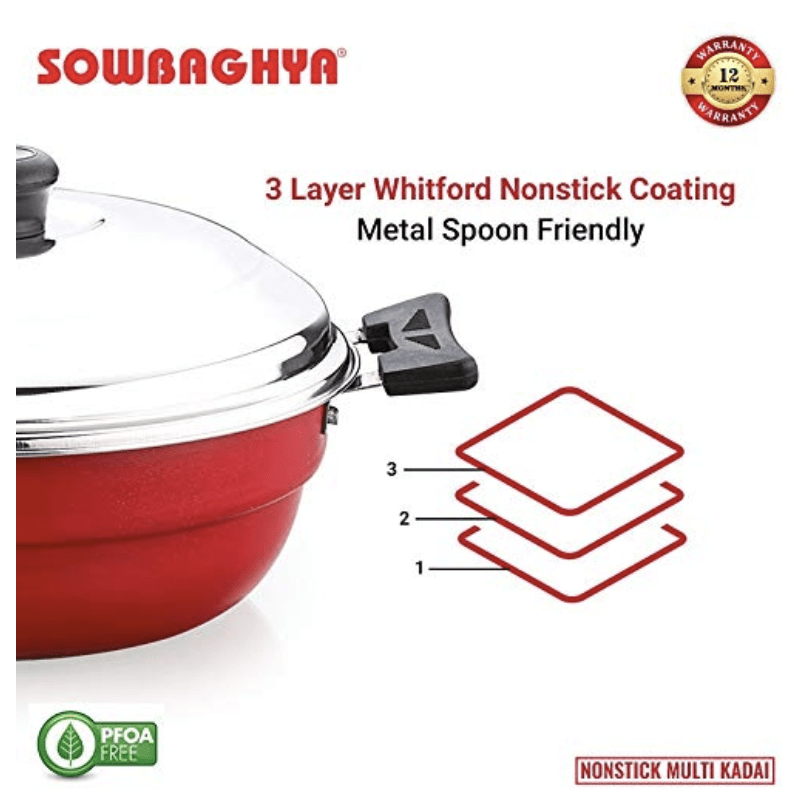 Sowbaghya Non Stick Induction Base Multi Kadai (2 Idli Plates + 1 Steamer Plate) (Dia: 250mm) (Thickness: 3mm) (3Ltr) | All-in-One Idli Cooker Multi Kadhai Steamer | Idli Maker with Steamer