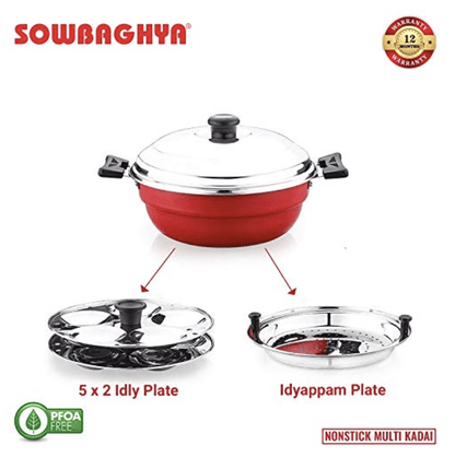 Sowbaghya Non Stick Induction Base Multi Kadai (2 Idli Plates + 1 Steamer Plate) (Dia: 250mm) (Thickness: 3mm) (3Ltr) | All-in-One Idli Cooker Multi Kadhai Steamer | Idli Maker with Steamer