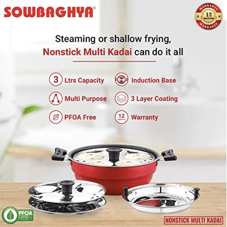 Sowbaghya Non Stick Induction Base Multi Kadai (2 Idli Plates + 1 Steamer Plate) (Dia: 250mm) (Thickness: 3mm) (3Ltr) | All-in-One Idli Cooker Multi Kadhai Steamer | Idli Maker with Steamer