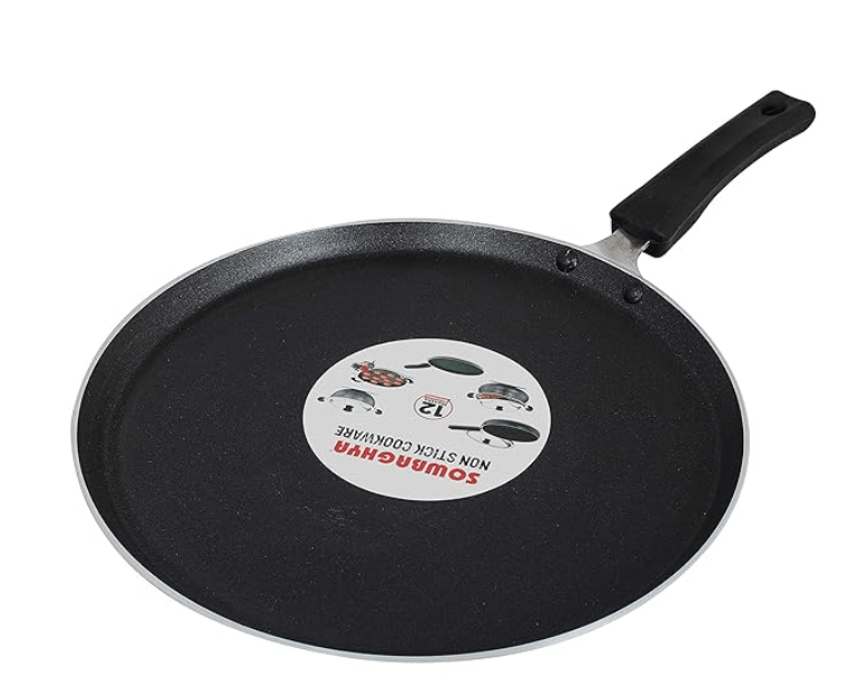 SOWBAGHYA Aluminium Non Stick Tawa, Black | Dosa Roti Chapati Pathiri Tawa | Aluminium Non Stick Flat Tawa | Gas Stove Compatible, Non Stick Coating