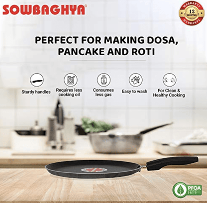 SOWBHAGYA Induction Base Non Stick Tawa, (26 cm, Black) | Dosa Roti Chapati Pathiri Tawa | Aluminium Non Stick Flat Tawa | Gas Stove Compatible, Non Stick Coating