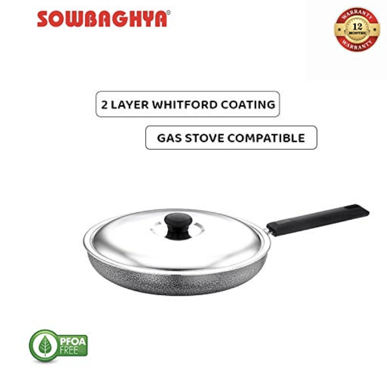 SOWBAGHYA Non Stick Fry Pan with Stainless Steel Lid (Multicolour) | with Soft Touch Handle | Stainless Steel Gas and Induction Compatible Fry Pan