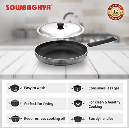 SOWBAGHYA Non Stick Fry Pan with Stainless Steel Lid (Multicolour) | with Soft Touch Handle | Stainless Steel Gas and Induction Compatible Fry Pan