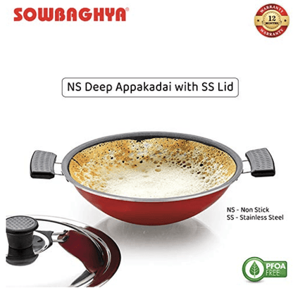 SOWBAGHYA Non Stick Aluminium deep Appakadai - Red, Dia : 220 mm, 2.6 mm Thickness Appamchatti/Appachatti | Non-Stick Aluminium Appachatty with Lid | Gas Compatible