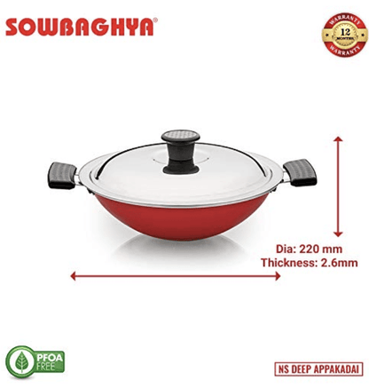 SOWBAGHYA Non Stick Aluminium deep Appakadai - Red, Dia : 220 mm, 2.6 mm Thickness Appamchatti/Appachatti | Non-Stick Aluminium Appachatty with Lid | Gas Compatible