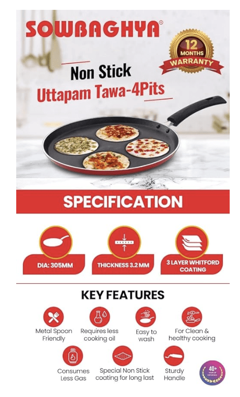 SOWBAGHYA Non Stick Uttappam Tawa(4Pits) - Red | 4 Cavities | Thickness: 3.2 mm | Dia: 305 mm | 3Layer Whitford Coating | Non Induction