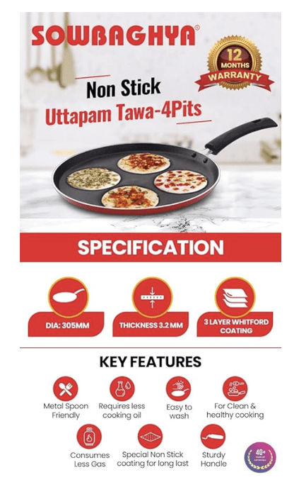SOWBAGHYA Non Stick Uttappam Tawa(4Pits) - Red | 4 Cavities | Thickness: 3.2 mm | Dia: 305 mm | 3Layer Whitford Coating | Non Induction