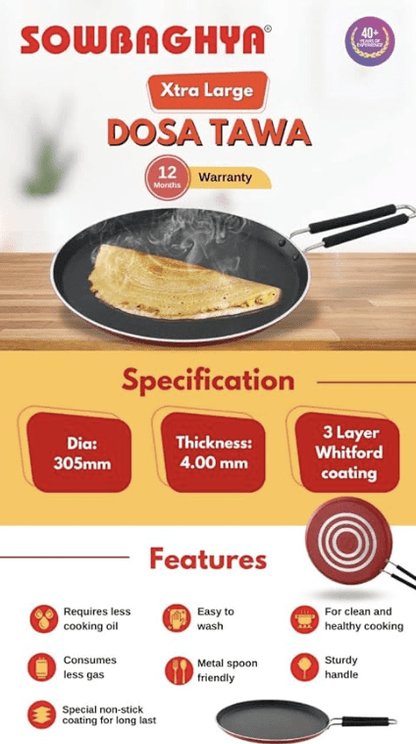 SOWBAGHYA Non Stick Xtra Large Dosa Tawa - Red | Thickness: 4 mm | Dia: 305 mm | 3Layer Whitford Coating | Non Induction