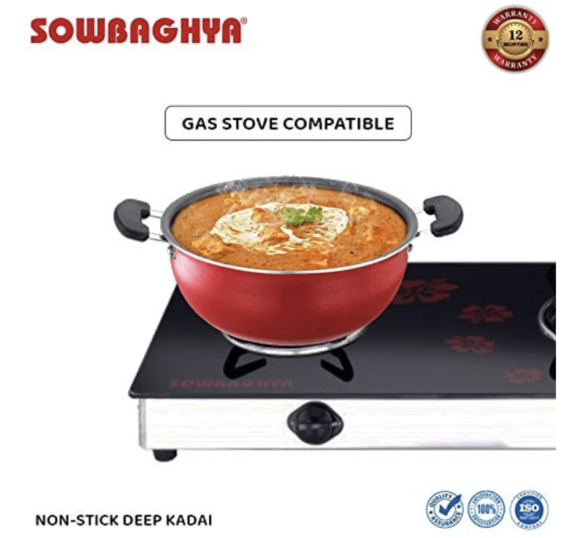 SOWBAGHYA एल्युमीनियम नॉन स्टिक डीप कड़ाही स्टेनलेस स्टील ढक्कन के साथ (3 लीटर, लाल और काला) ग्लास ढक्कन के साथ डीप कड़ाही | इंडक्शन कड़ाही | नॉन स्टिक कड़ाही | डीप फ्राई पैन 