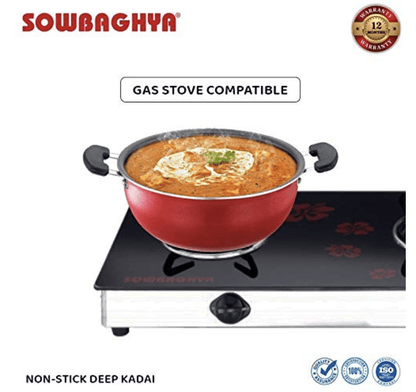 SOWBAGHYA एल्युमीनियम नॉन स्टिक डीप कड़ाही स्टेनलेस स्टील ढक्कन के साथ (3 लीटर, लाल और काला) ग्लास ढक्कन के साथ डीप कड़ाही | इंडक्शन कड़ाही | नॉन स्टिक कड़ाही | डीप फ्राई पैन 